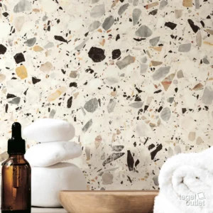 Energieker Medley Cream 60×120 terrazzolook wand met badkameraccessoires