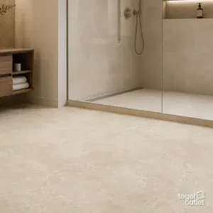 Sfeerbeeld (illustratie): woonruimte of badkamer met tegels in beige