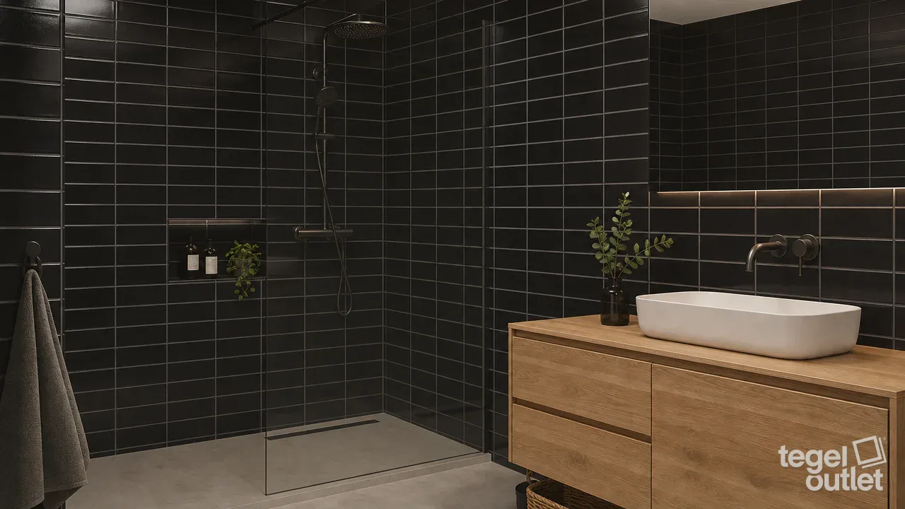 Sfeerbeeld (illustratie): badkamer of keuken met tegels in zwart