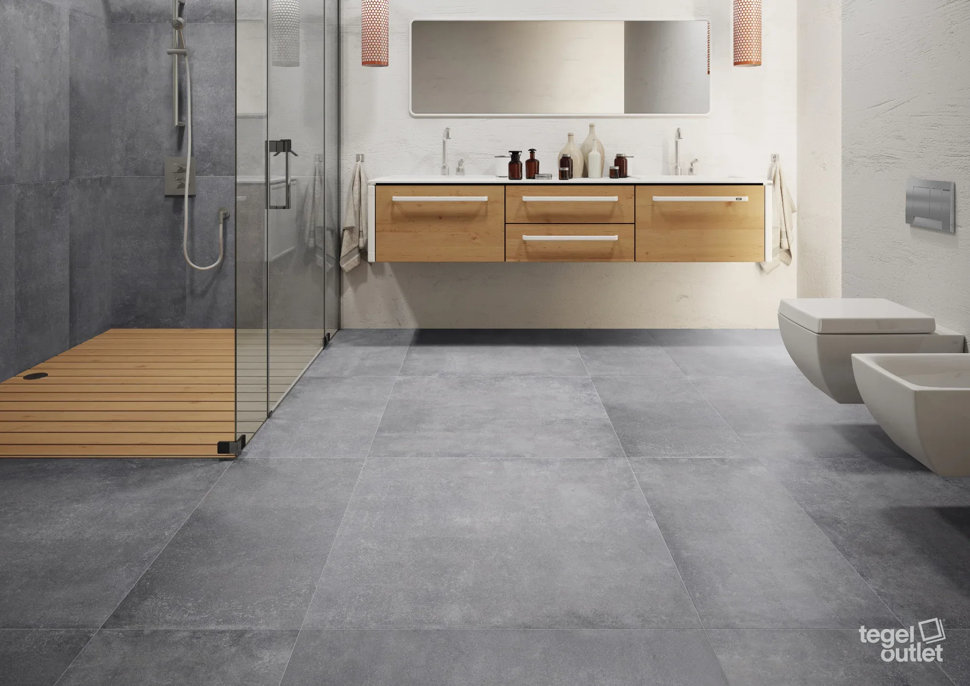 Sfeerbeeld: Mobay Graphite als vloer in een badkamer met inloopdouche