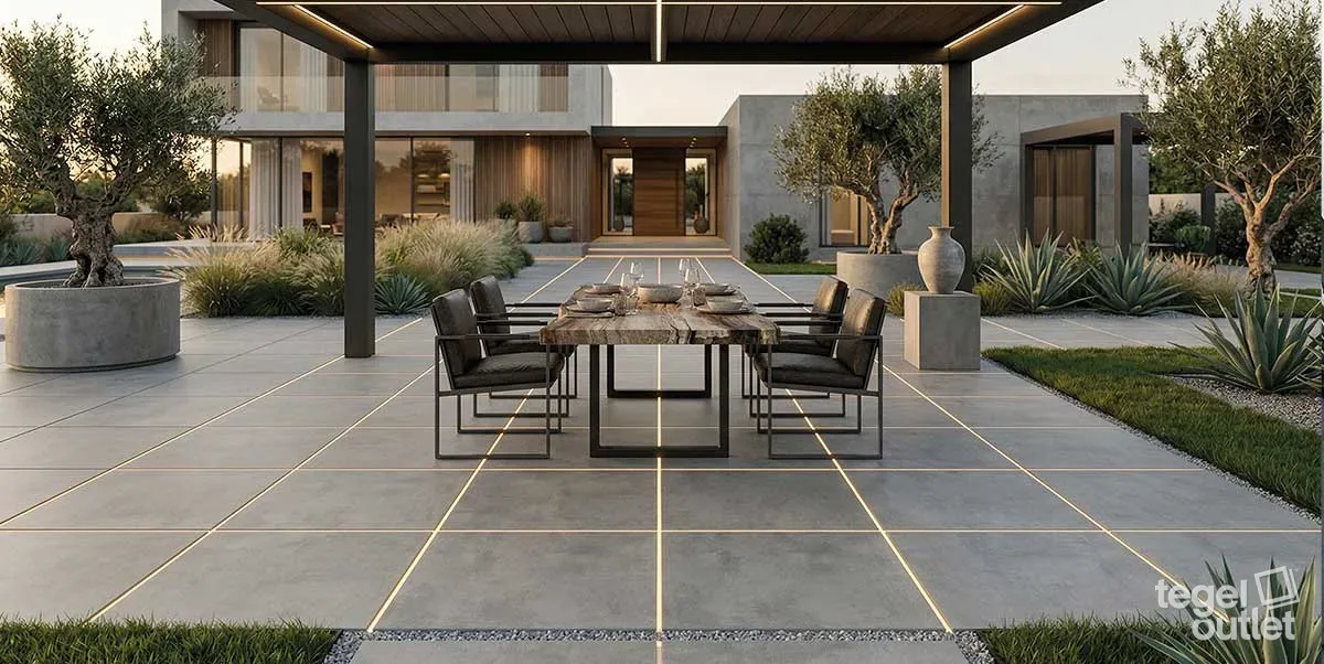 Sfeerbeeld: terras bij een villa met een eettafel op middengrijze tegels