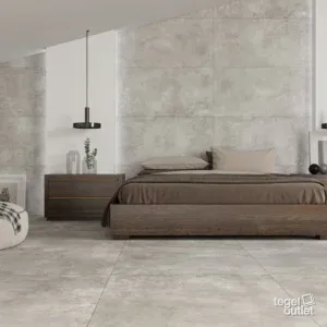 Sol et mur effet béton Ecoceramic Murray Iron dans une chambre