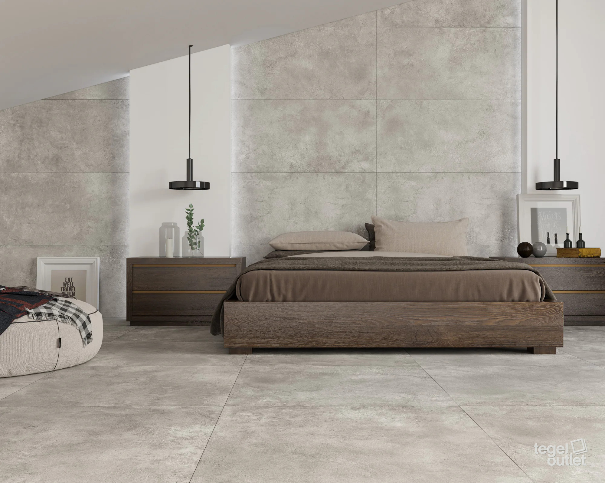 Ecoceramic Murray Iron betonlook vloer en wand in een slaapkamer