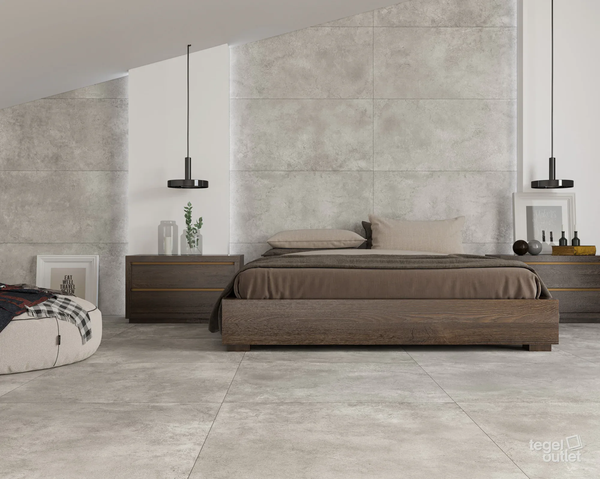 Sol et mur effet béton Ecoceramic Murray Iron dans une chambre