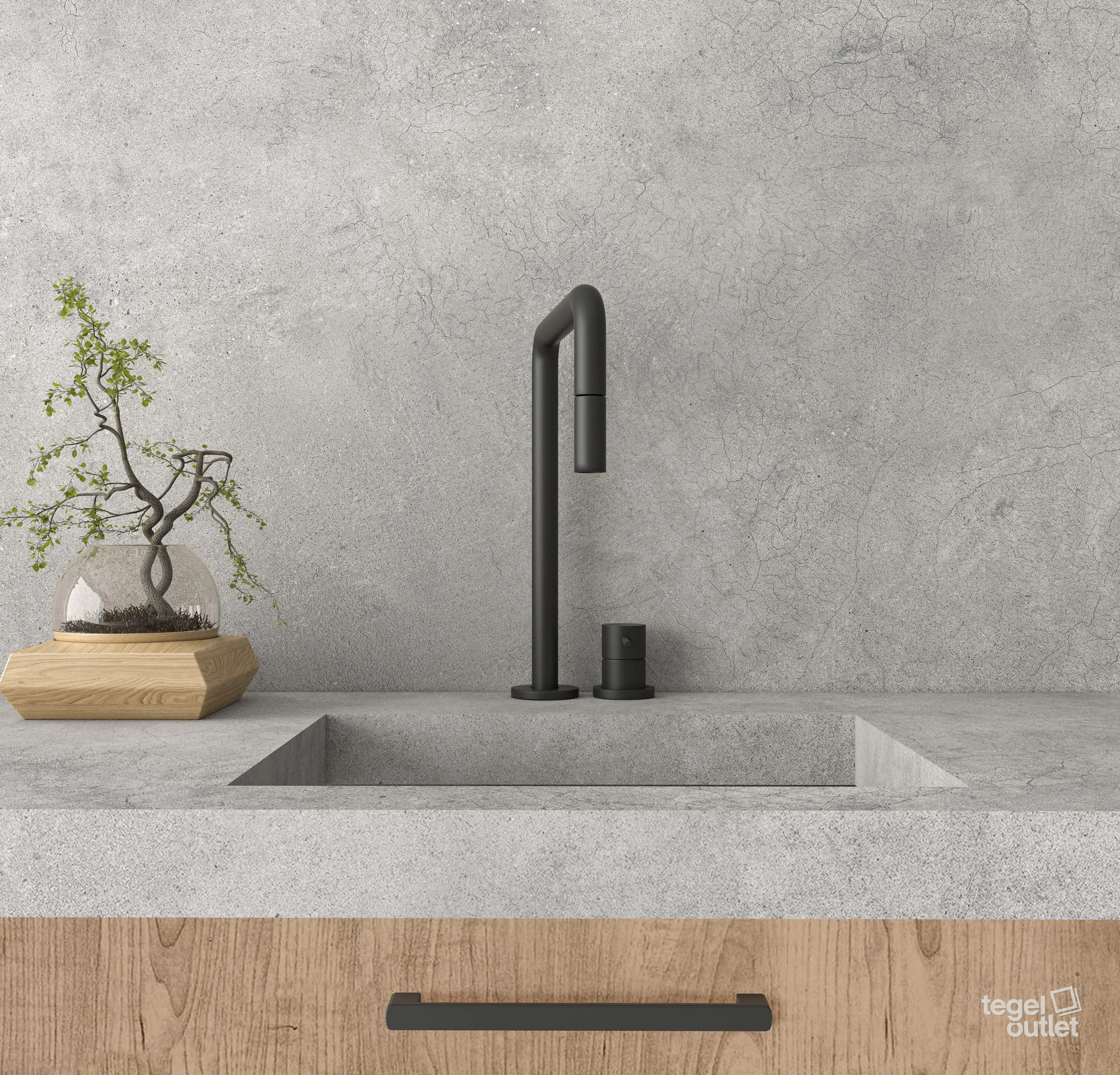 Ecoceramic Murray Iron betonlook tegels, detail van keukenwand en werkblad