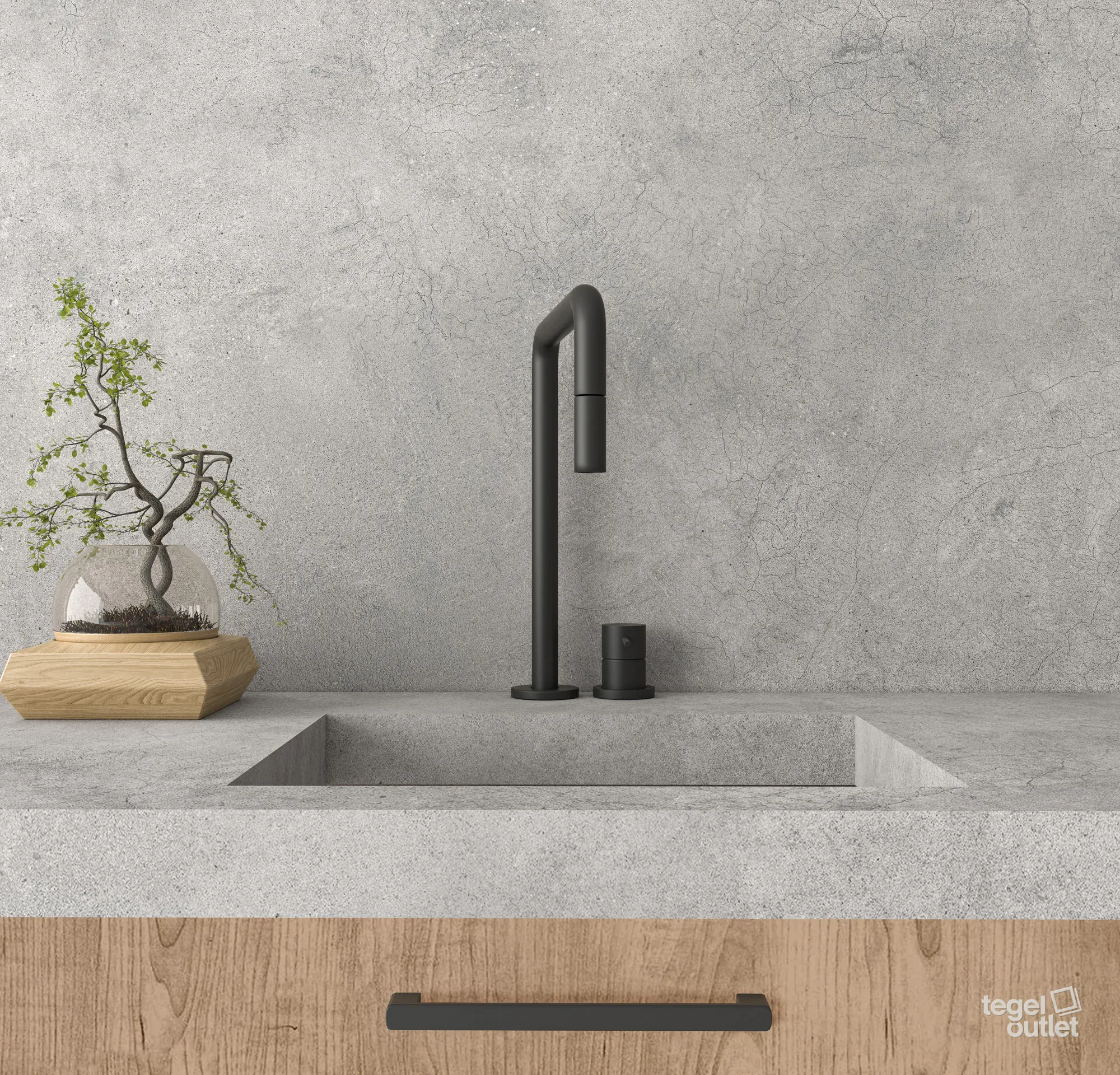 Ecoceramic Murray Iron betonlook tegels, detail van keukenwand en werkblad