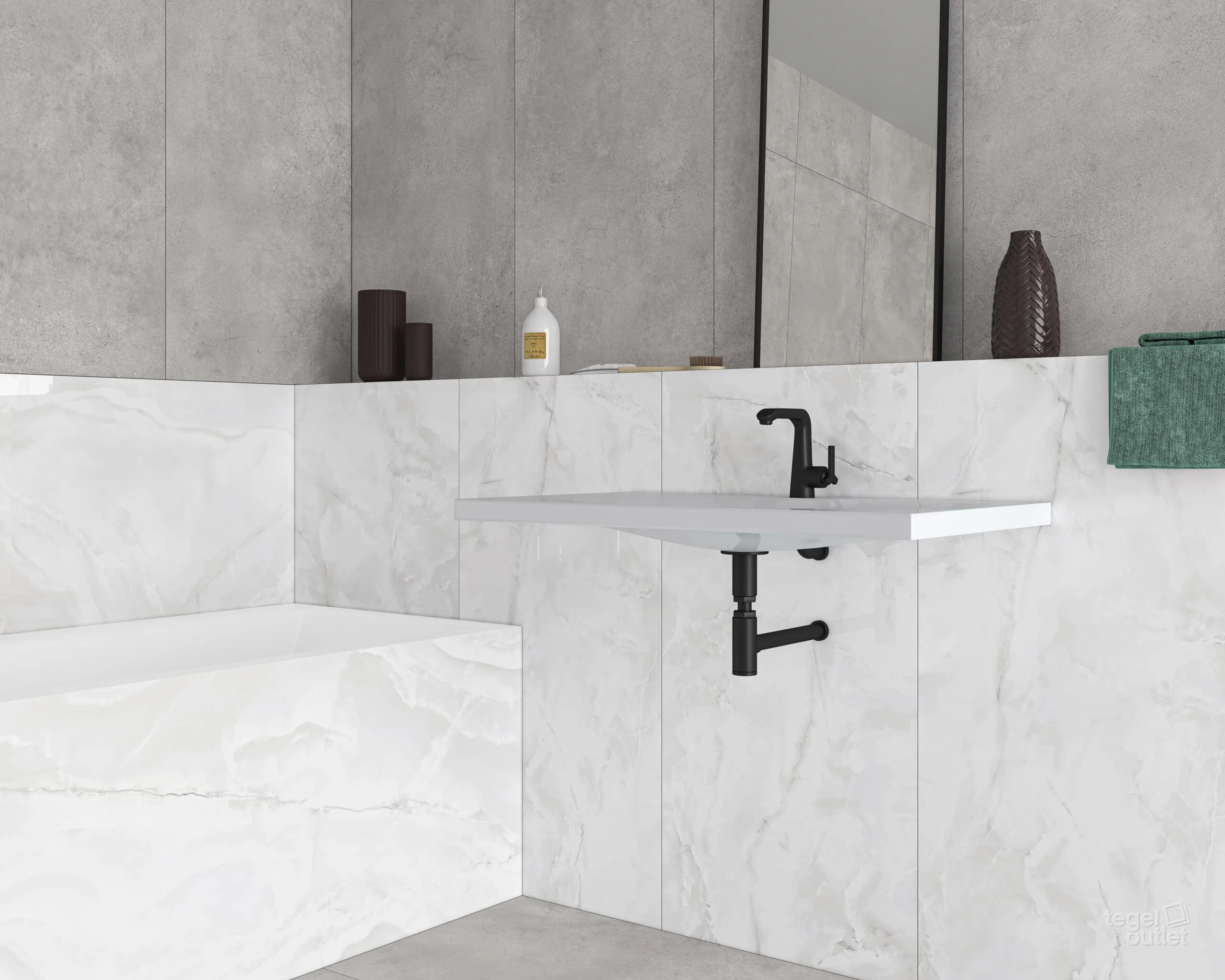 Ecoceramic Murray Iron betonlook tegels in een badkamer