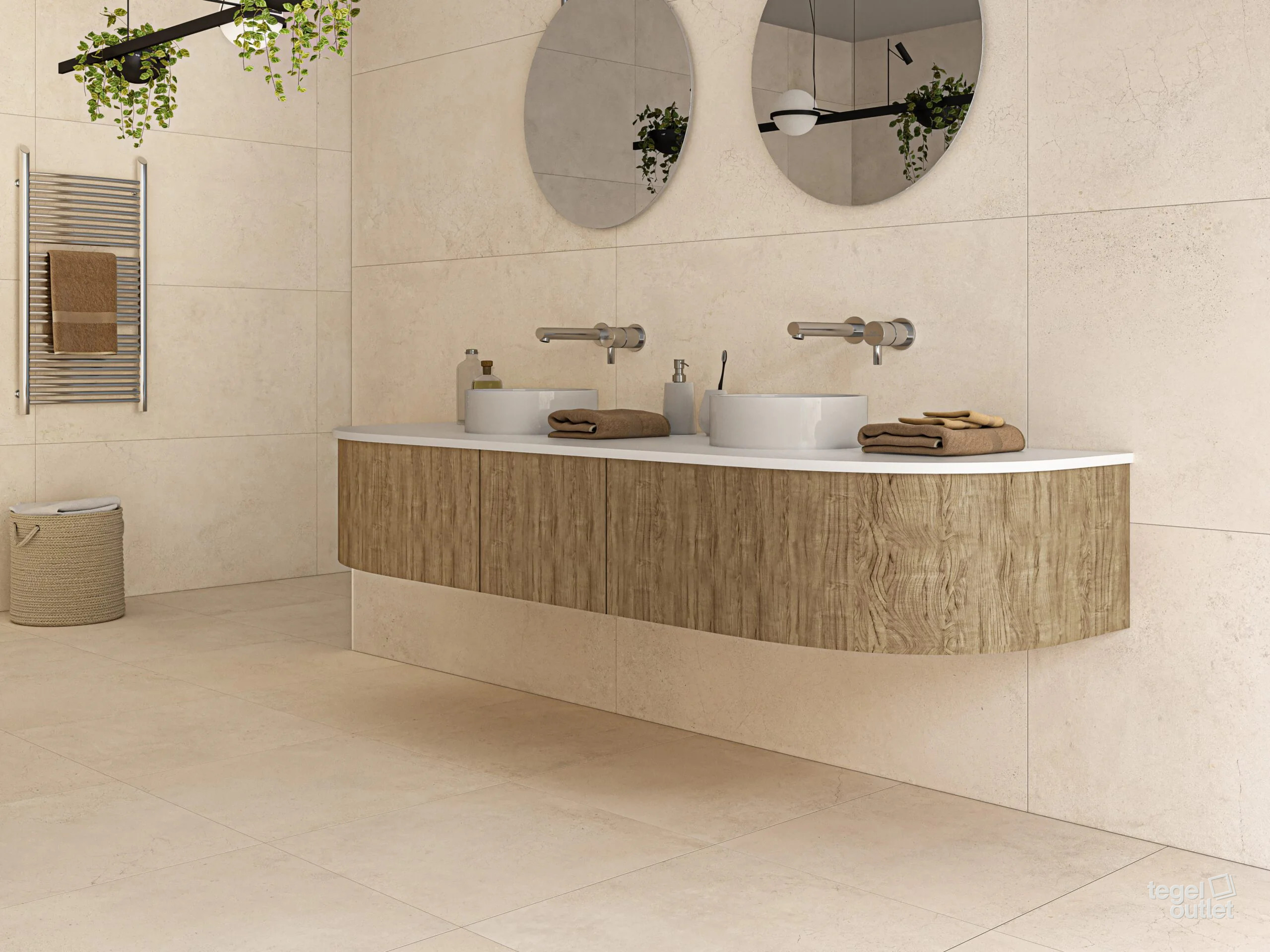 Ecoceramic Murray Nude betonlook tegels in een badkamer