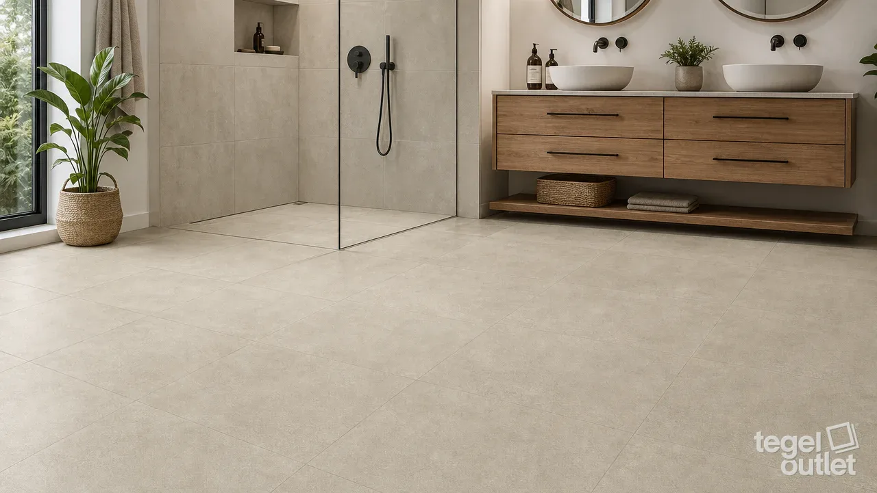 Sfeerbeeld (illustratie): woonruimte of badkamer met tegels in beige