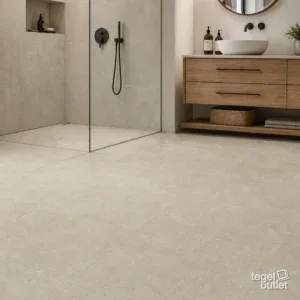Sfeerbeeld (illustratie): woonruimte of badkamer met tegels in beige
