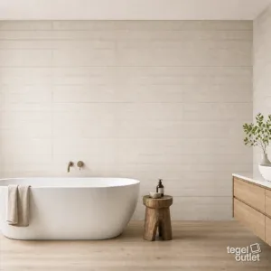 Sfeerbeeld (illustratie): wand in badkamer of keuken met tegels in beige