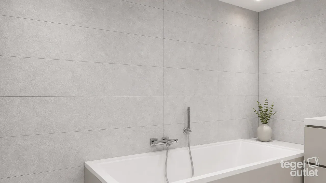 Sfeerbeeld (illustratie): badkamer of keuken met tegels in grijs