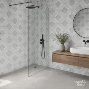 Sfeerbeeld (illustratie): wand in badkamer of keuken met tegels in grijs