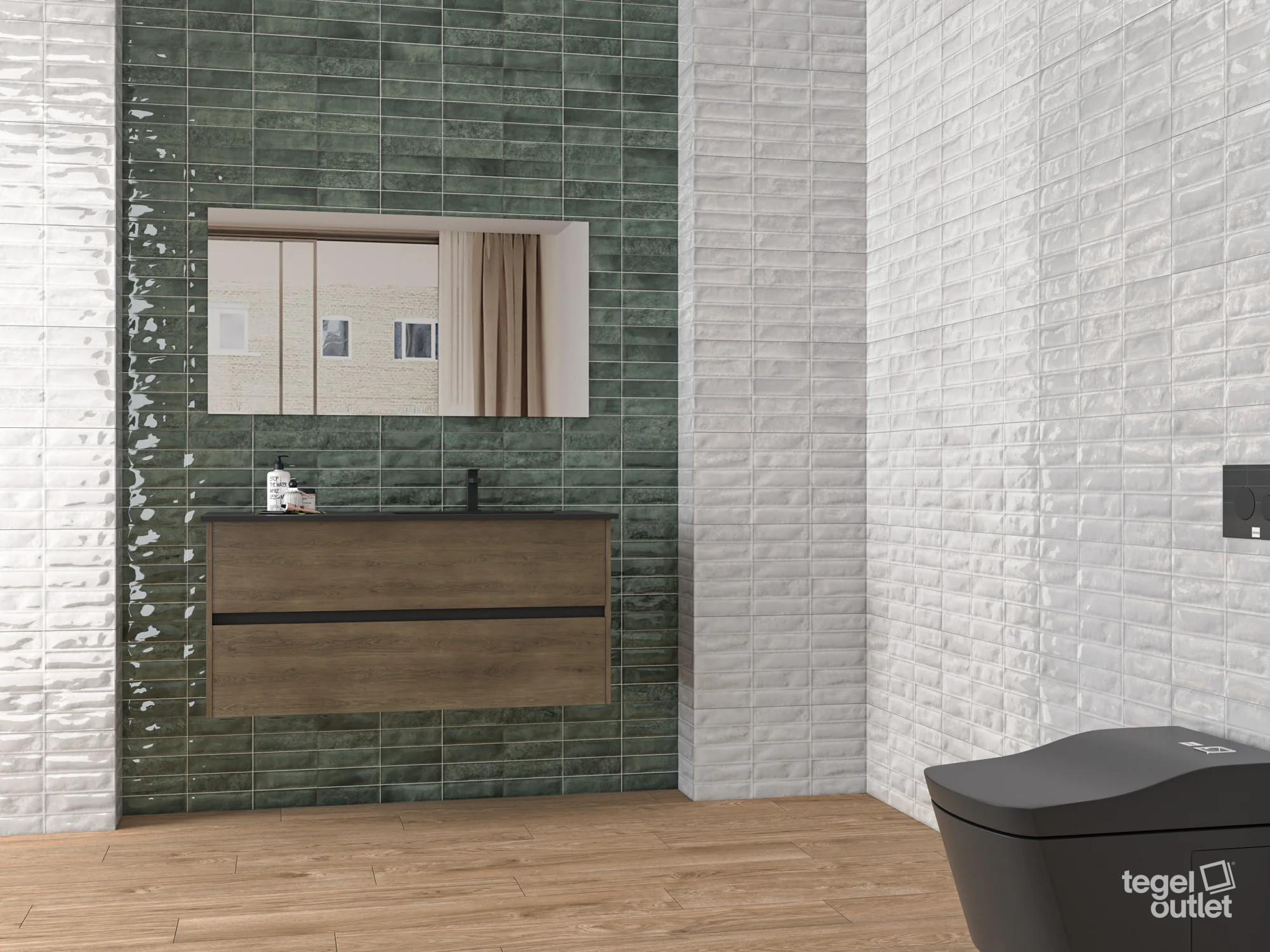 Ecoceramic Pool White en Green glanzende wandtegels in een badkamer