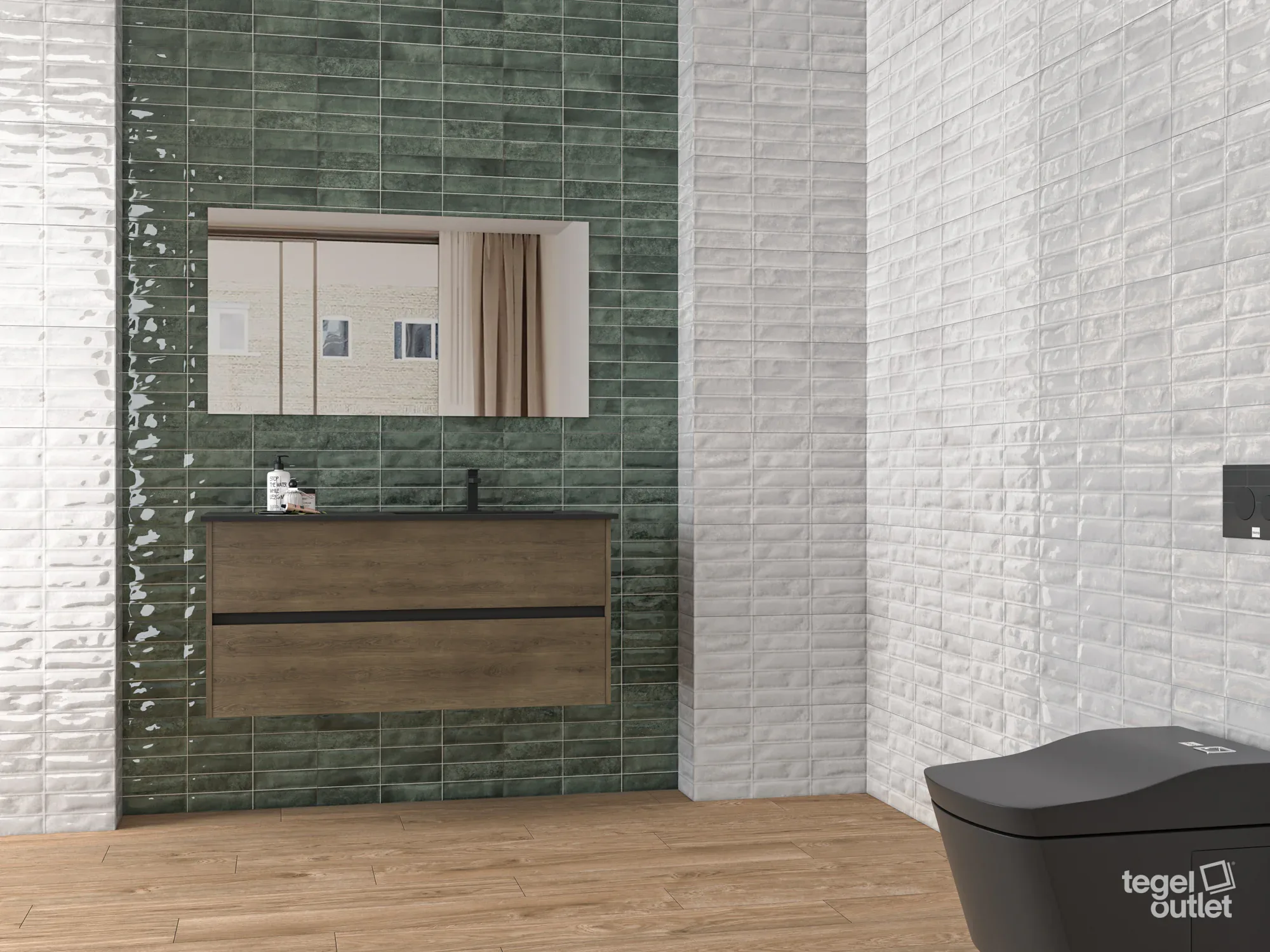 Ecoceramic Pool White en Green glanzende wandtegels in een badkamer