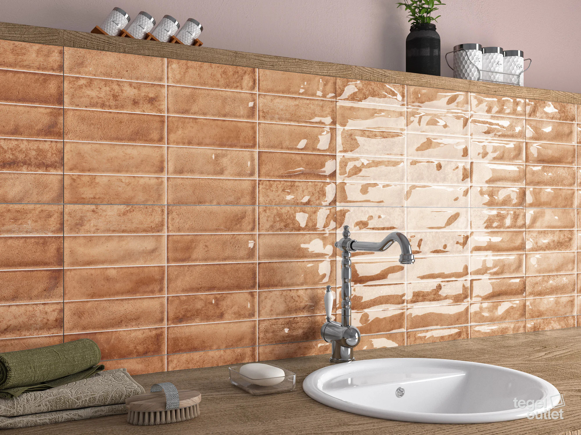Ecoceramic Pool Cotto glanzende wandtegels met bakstenen reliëf in een badkamer