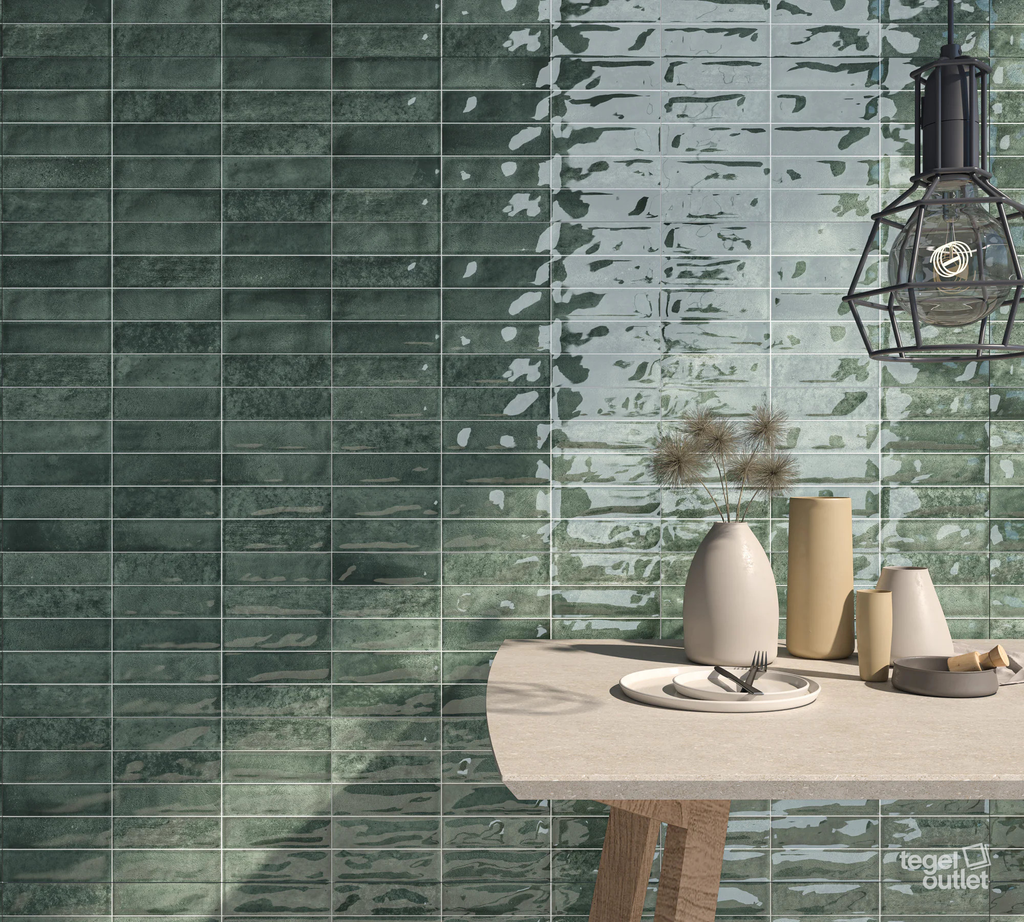 Ecoceramic Pool Green glanzende wandtegels met bakstenen reliëf