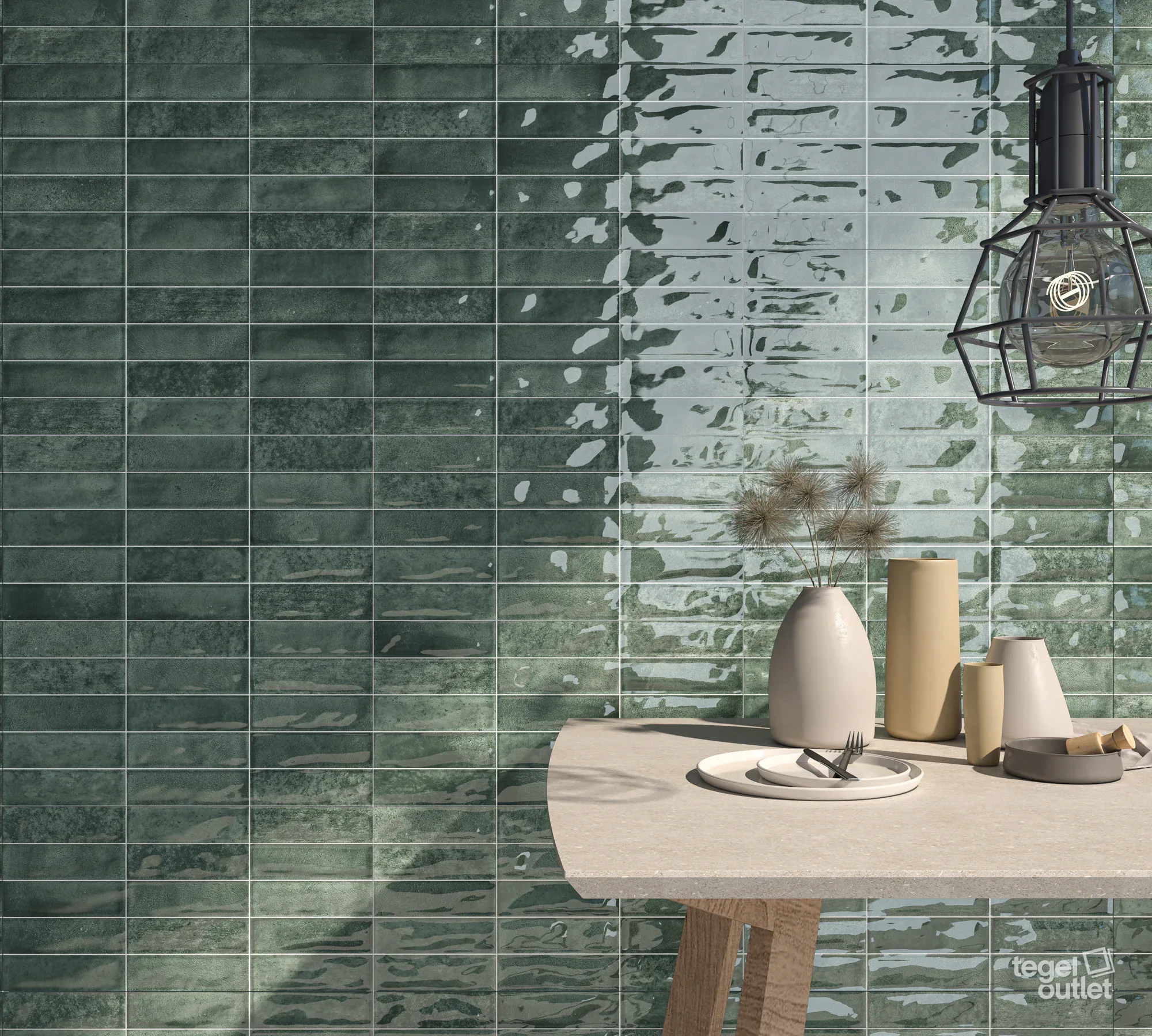 Ecoceramic Pool Green glanzende wandtegels met bakstenen reliëf