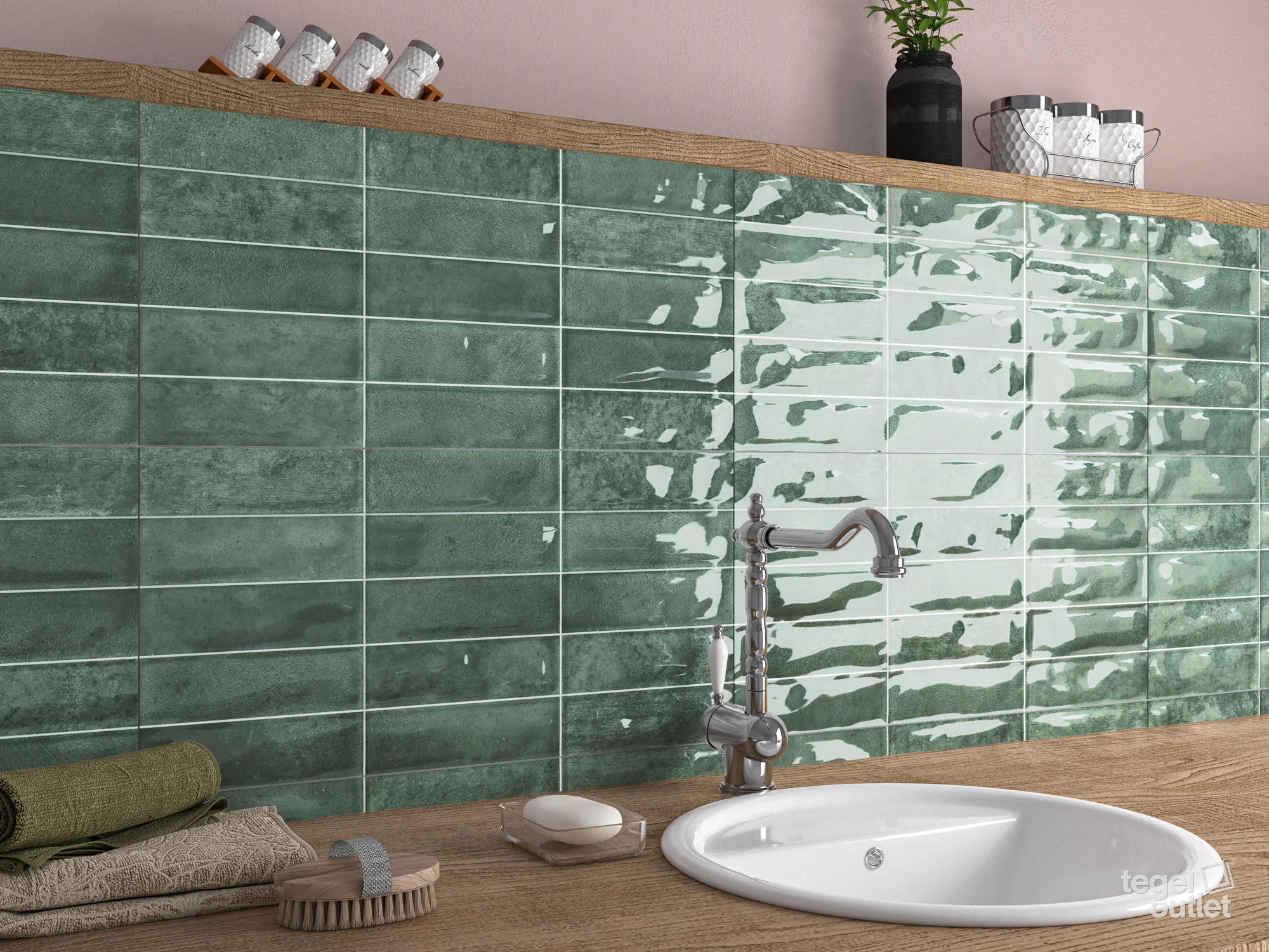 Ecoceramic Pool Green glanzende wandtegels in een badkamer