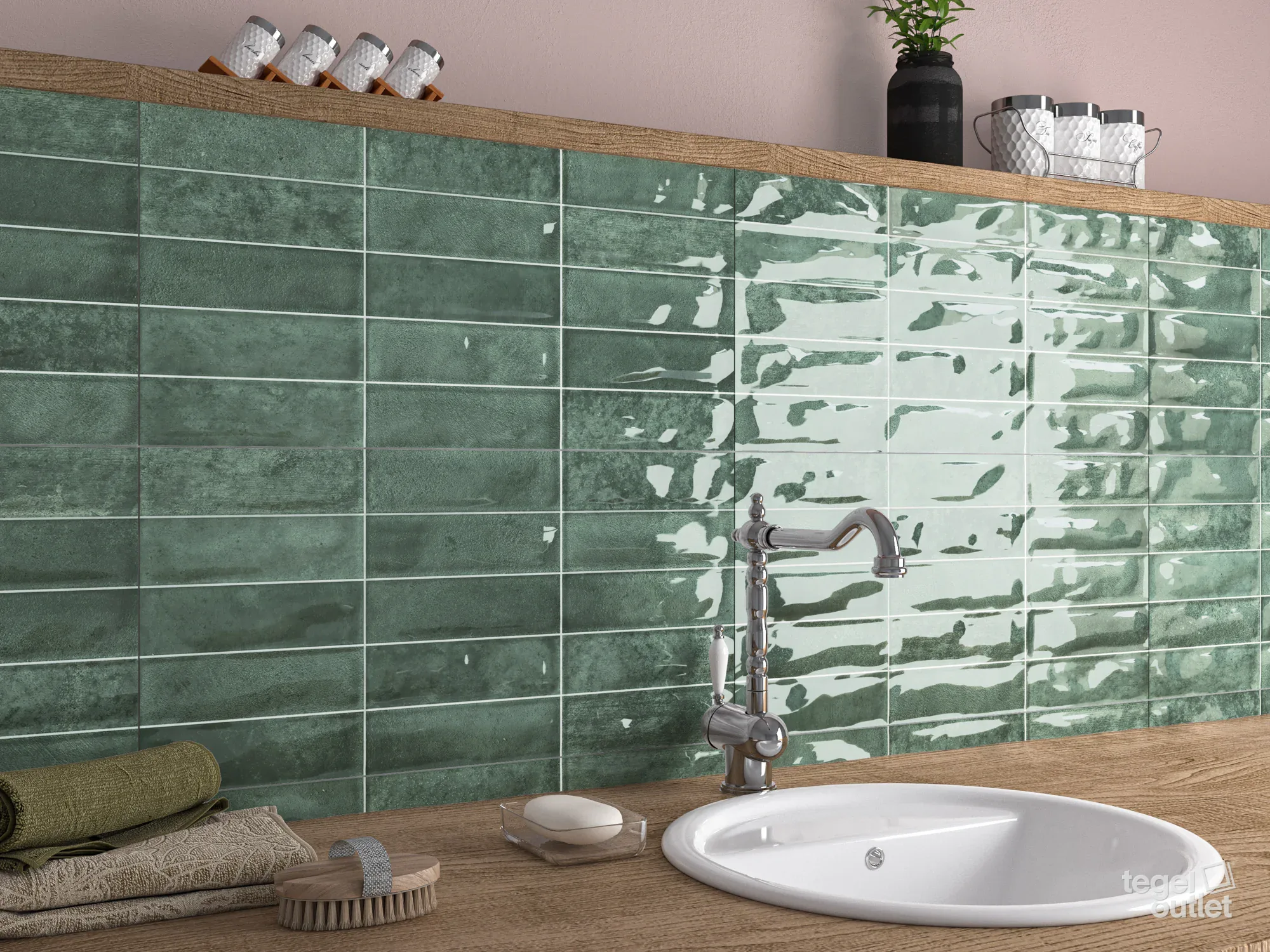 Ecoceramic Pool Green glanzende wandtegels in een badkamer