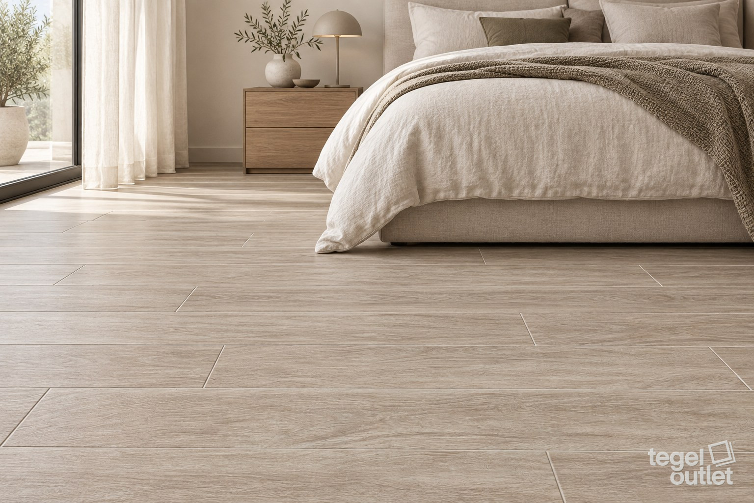 Mise en situation avec Essenza Oliva 20x80 · chambre