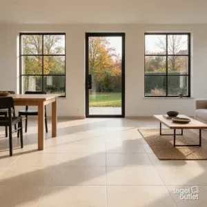 Sfeerbeeld: Qstone Beige 60x60 als vloer in een lichte woonkamer met eettafel en zetel