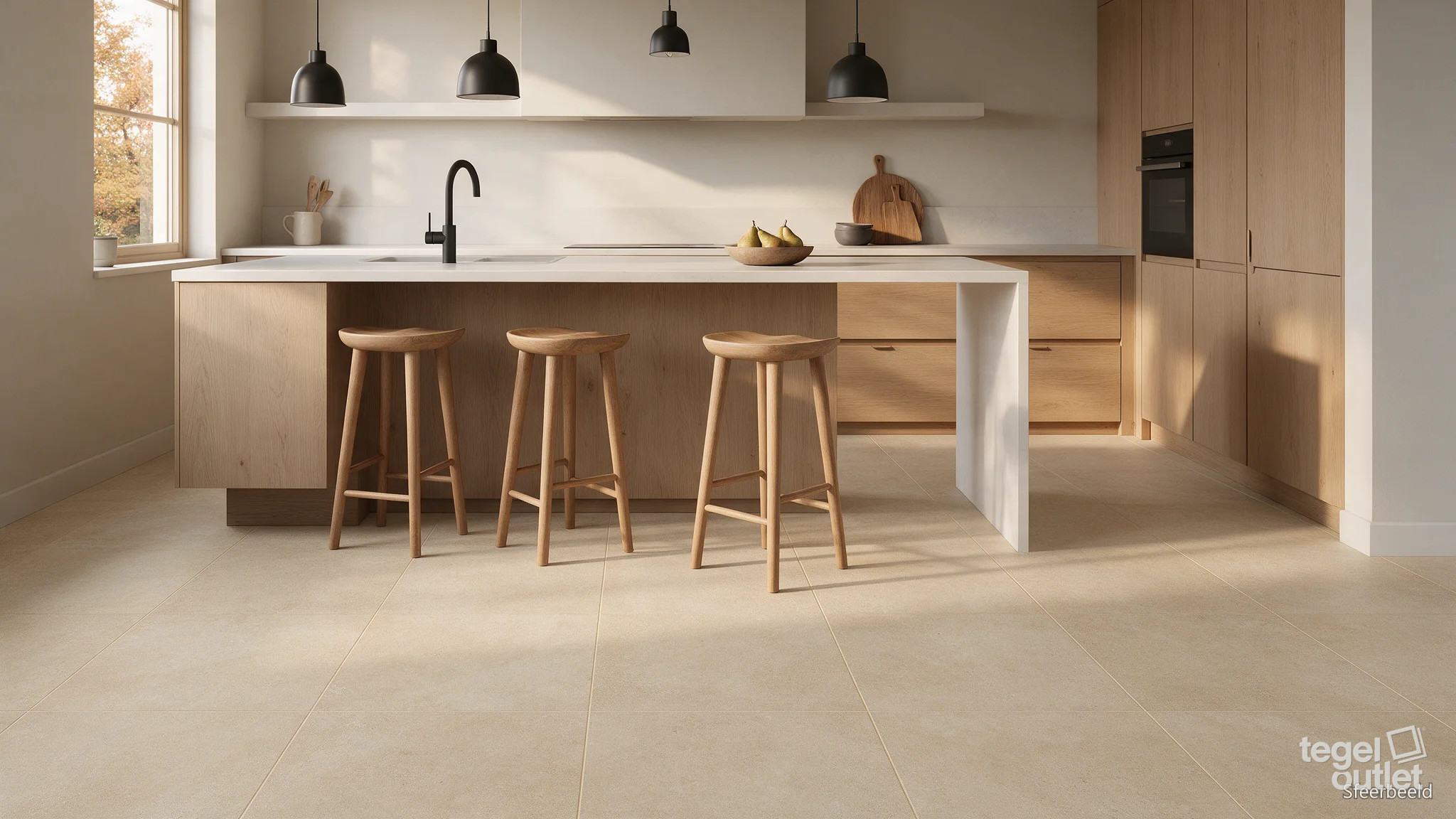 Sfeerbeeld: Qstone Beige 60x60 als vloer in een keuken met eiken eiland
