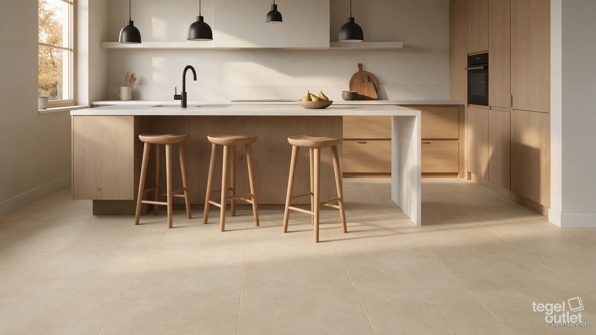 Image d'ambiance: Qstone Beige 60x60 comme sol dans une cuisine avec îlot en chêne
