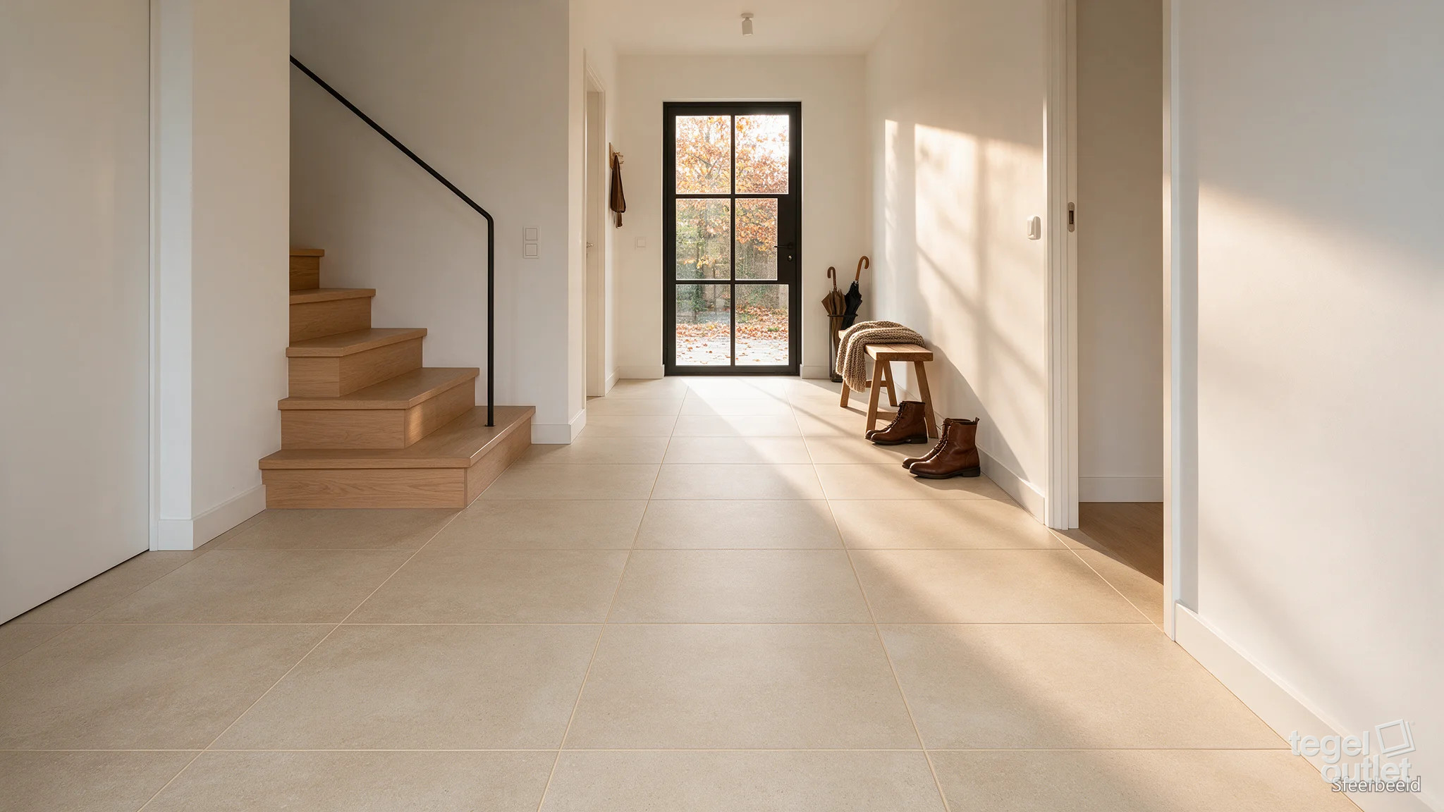 Sfeerbeeld: Qstone Beige 60x60 als vloer in een inkomhal met eiken trap