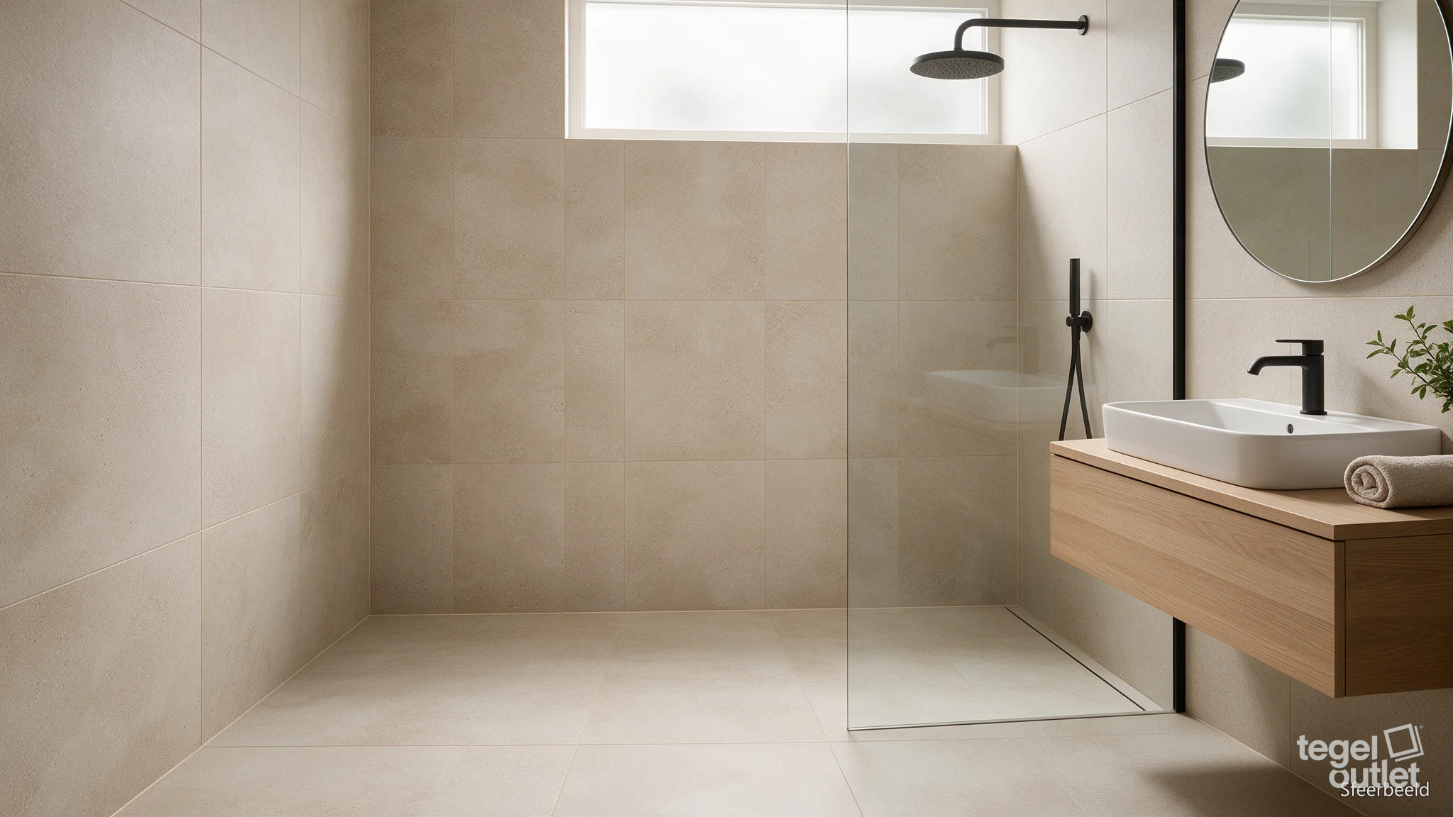 Sfeerbeeld: Qstone Beige 60x60 op vloer en wand in een badkamer met inloopdouche
