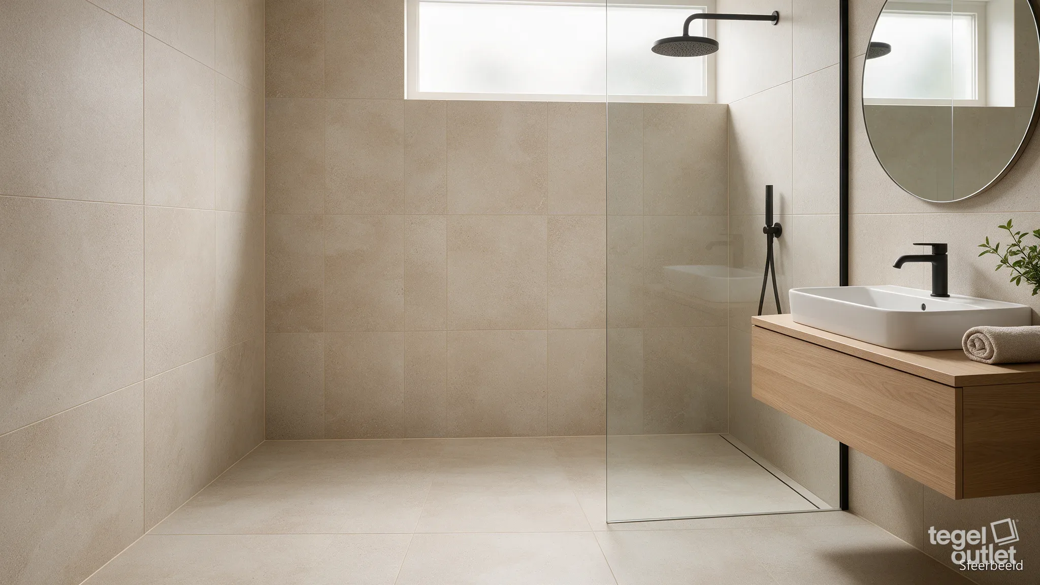 Image d'ambiance: Qstone Beige 60x60 sur le sol et le mur dans une salle de bain avec douche à l'italienne