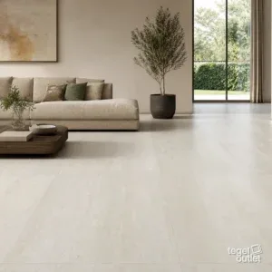 Sfeerbeeld (illustratie): ruime woonkamer met een vloer in grote crème-beige tegels