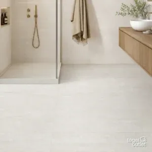Sfeerbeeld (illustratie): badkamer met een inloopdouche en een vloer in lichte tegels