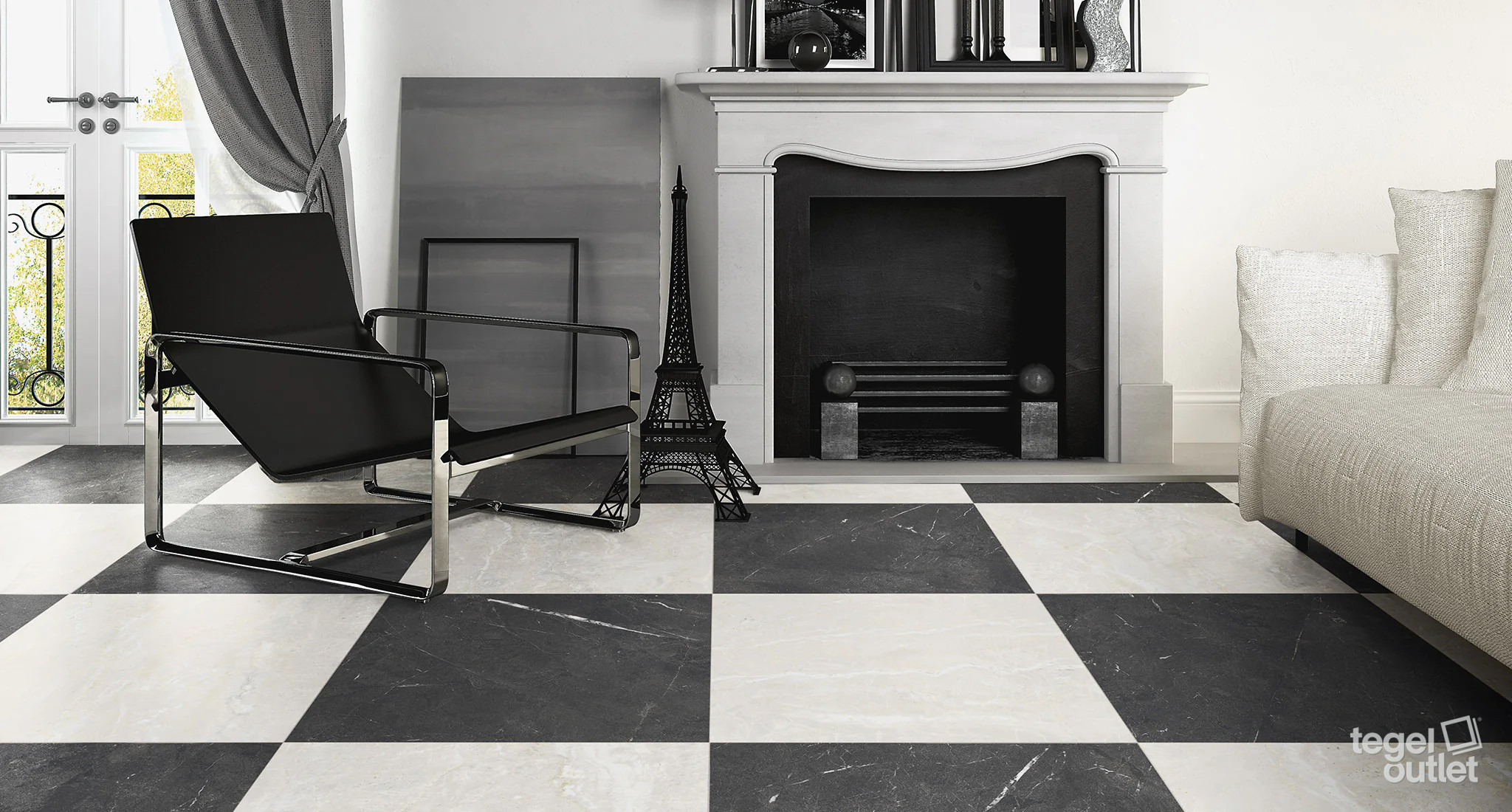 Saime Royal Dark en Royal Ivory als dambordvloer in een woonkamer