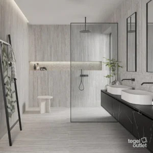 Saime Travertino Veincut Grigio wand- en vloertegels in een badkamer