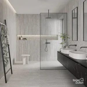 Saime Travertino Veincut Grigio carreaux de mur et de sol dans une salle de bain