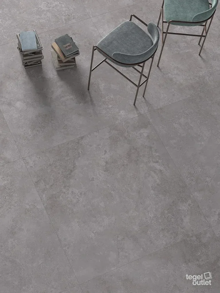 Carreaux de sol gris effet travertin Saime Travertino Crosscut Grigio, vue du dessus