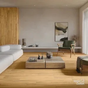 Sfeerbeeld: Simple Beige 19,3x120 als vloer in een lichte woonkamer