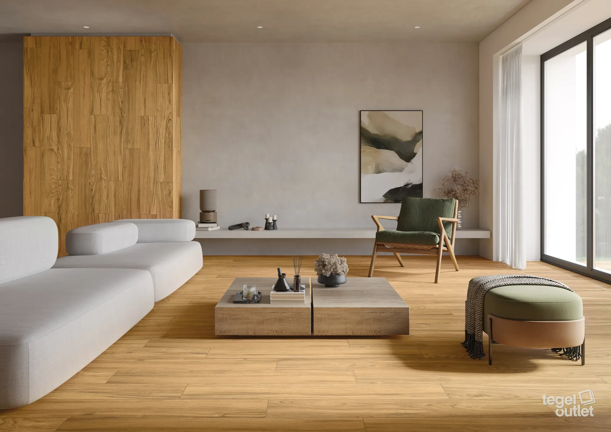 Sfeerbeeld: Simple Beige 19,3x120 als vloer in een lichte woonkamer