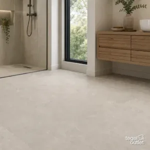 Sfeerbeeld (illustratie): woonruimte of badkamer met tegels in grijs