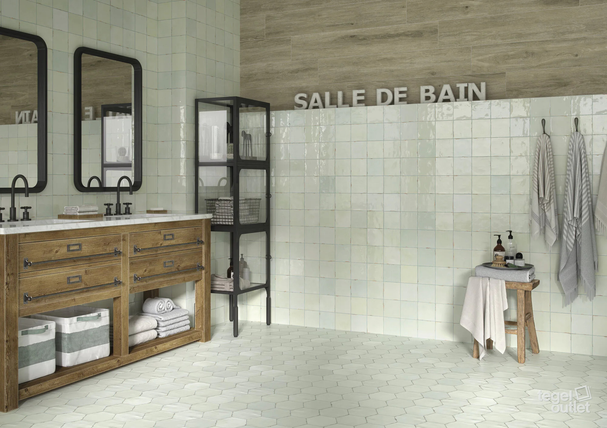 Ape Souk Aqua en Nomade Aqua tegels in een badkamer