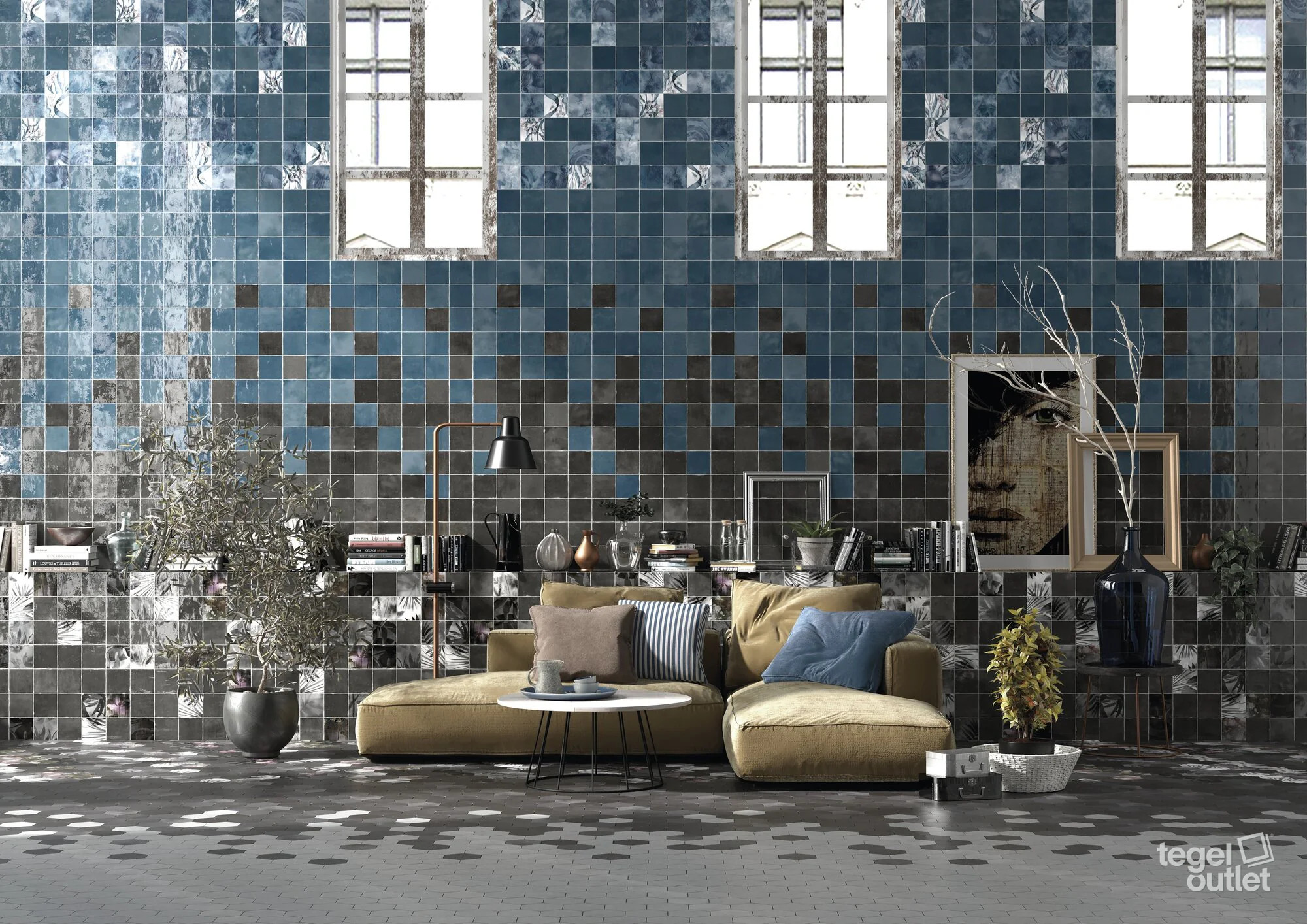 Ape Souk Kasbah Blue Mix tegels in een woonkamer