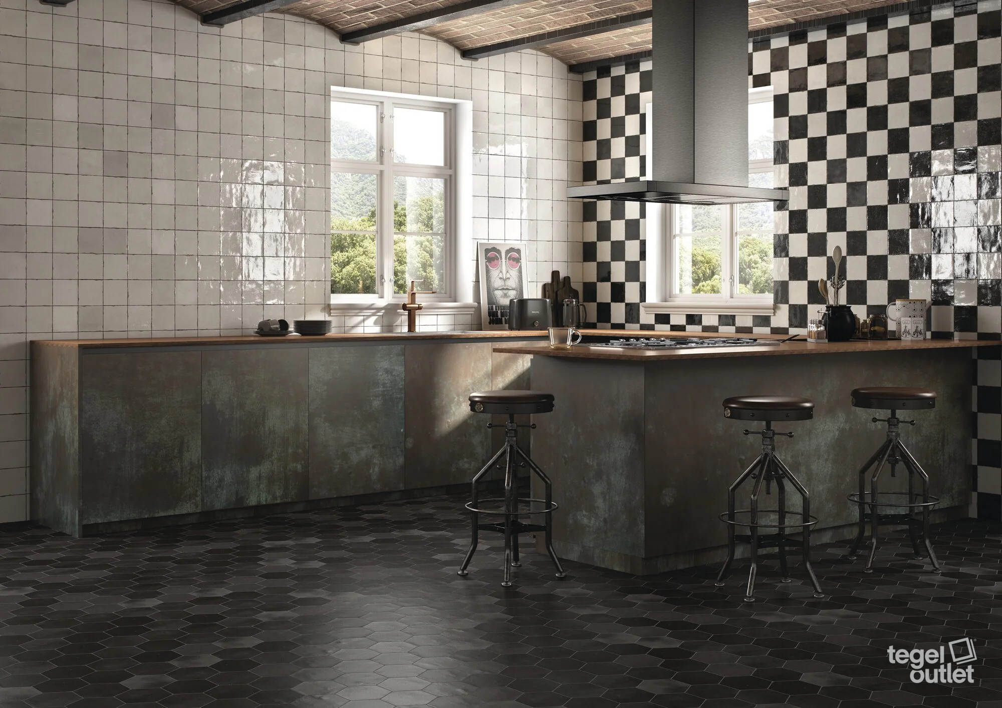 Ape Souk Black en Kasbah Grey Mix tegels in een keuken