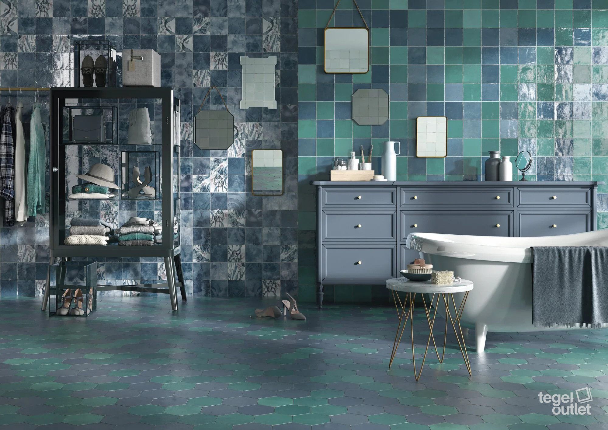 Ape Souk Kasbah Blue en Turquesa Mix tegels in een badkamer