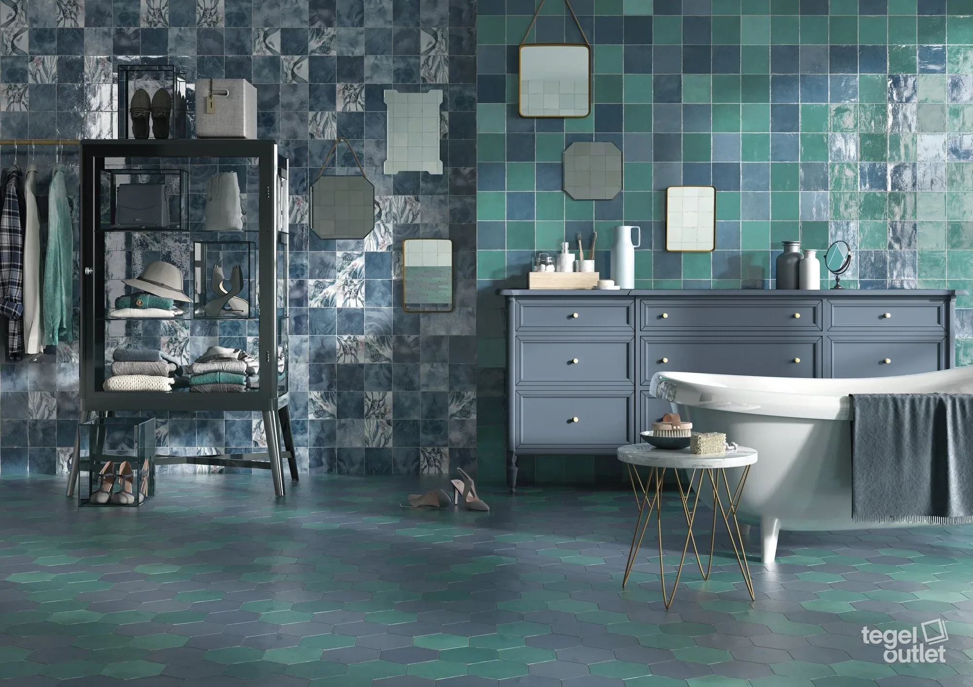 Ape Souk Kasbah Blue en Turquesa Mix tegels in een badkamer