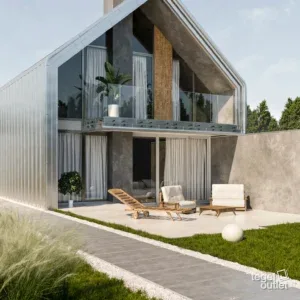 Stark Pure Grey 60x60x2 – sfeerbeeld tuin Sfeerbeeld: tuinpad in Stark Pure Grey van 2 cm dik naar een woning met een terras in Stark White