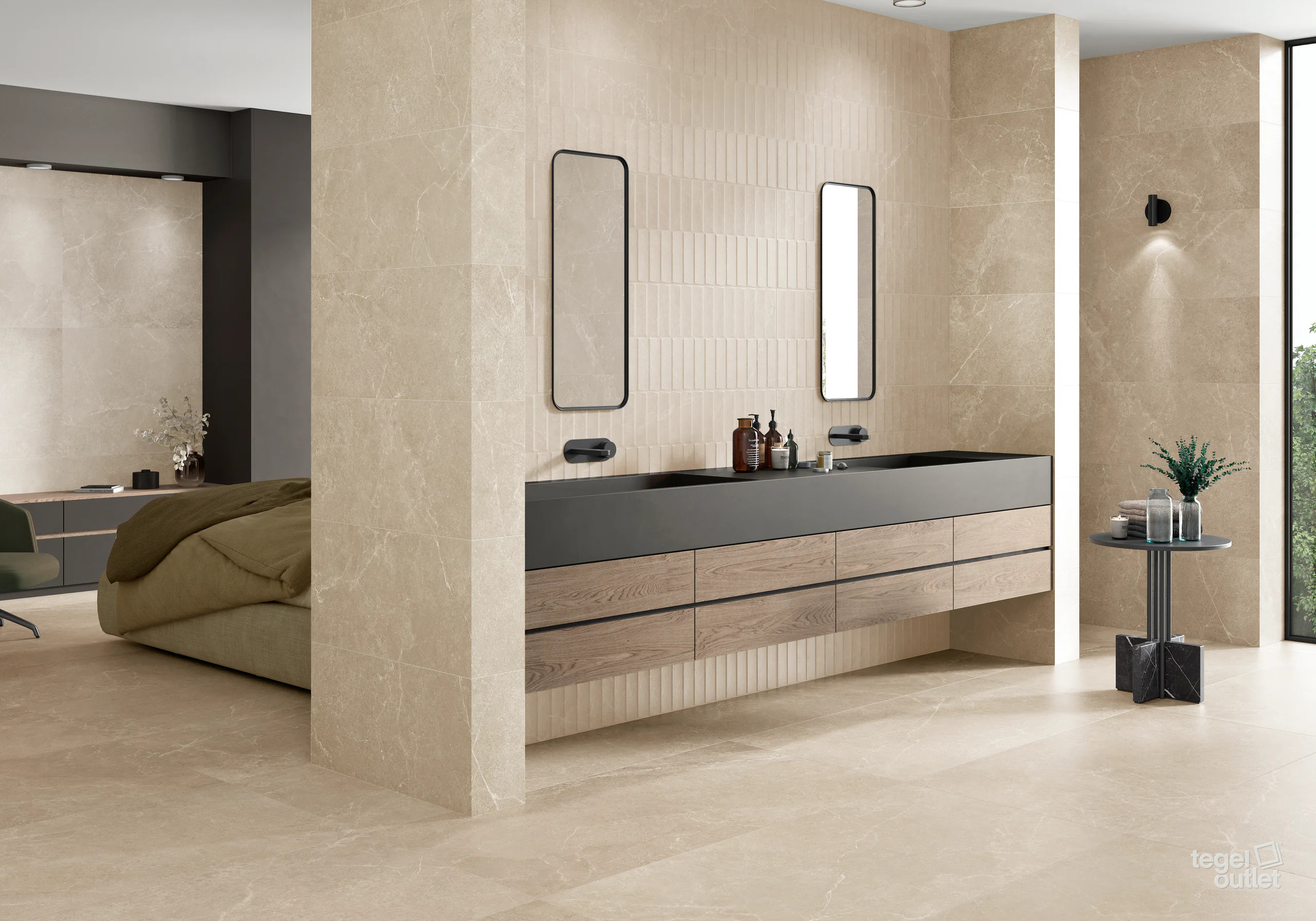 Argenta Storm Cream vloer- en wandtegels met Storm Blind Cream accentwand in een badkamer