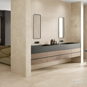 Argenta Storm Cream vloer- en wandtegels met Storm Blind Cream accentwand in een badkamer