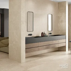 Carrelage de sol et de mur Argenta Storm Cream avec mur d'accent Storm Blind Cream dans une salle de bains