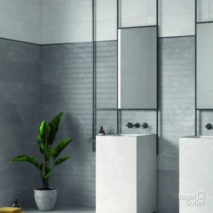 Argenta Storm Grey vloertegels 60×60 met Storm Wall Grey en Storm Block Grey wandtegels 25×75 in een badkamer